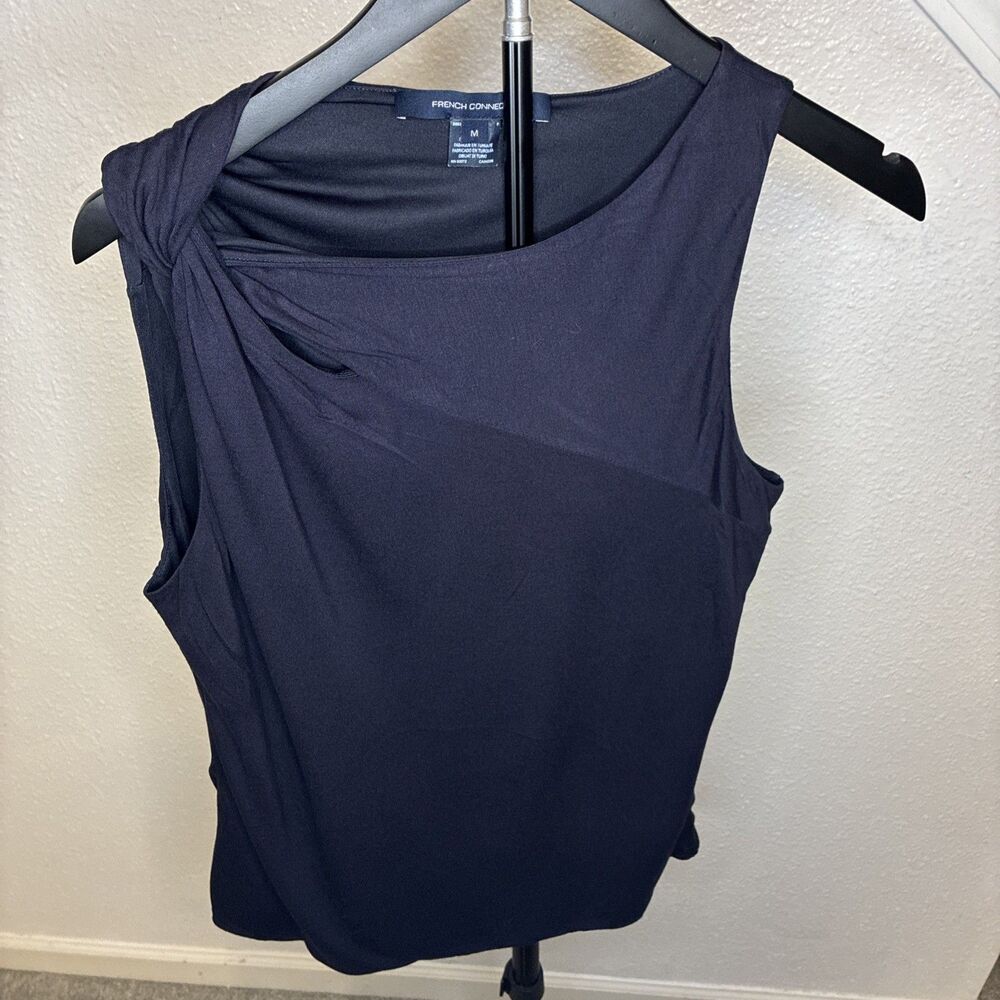 French Connection Sleeveless Draped Women's M Navy Blue Cut Out Detail Blouse